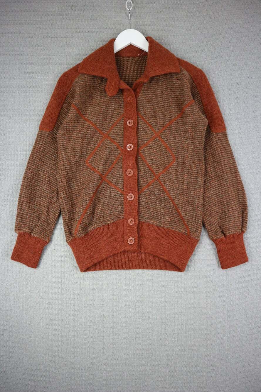 Vintage 1980s German Knit Wool Blend Cardigan Sweater Orange Diamond Pattern Wom